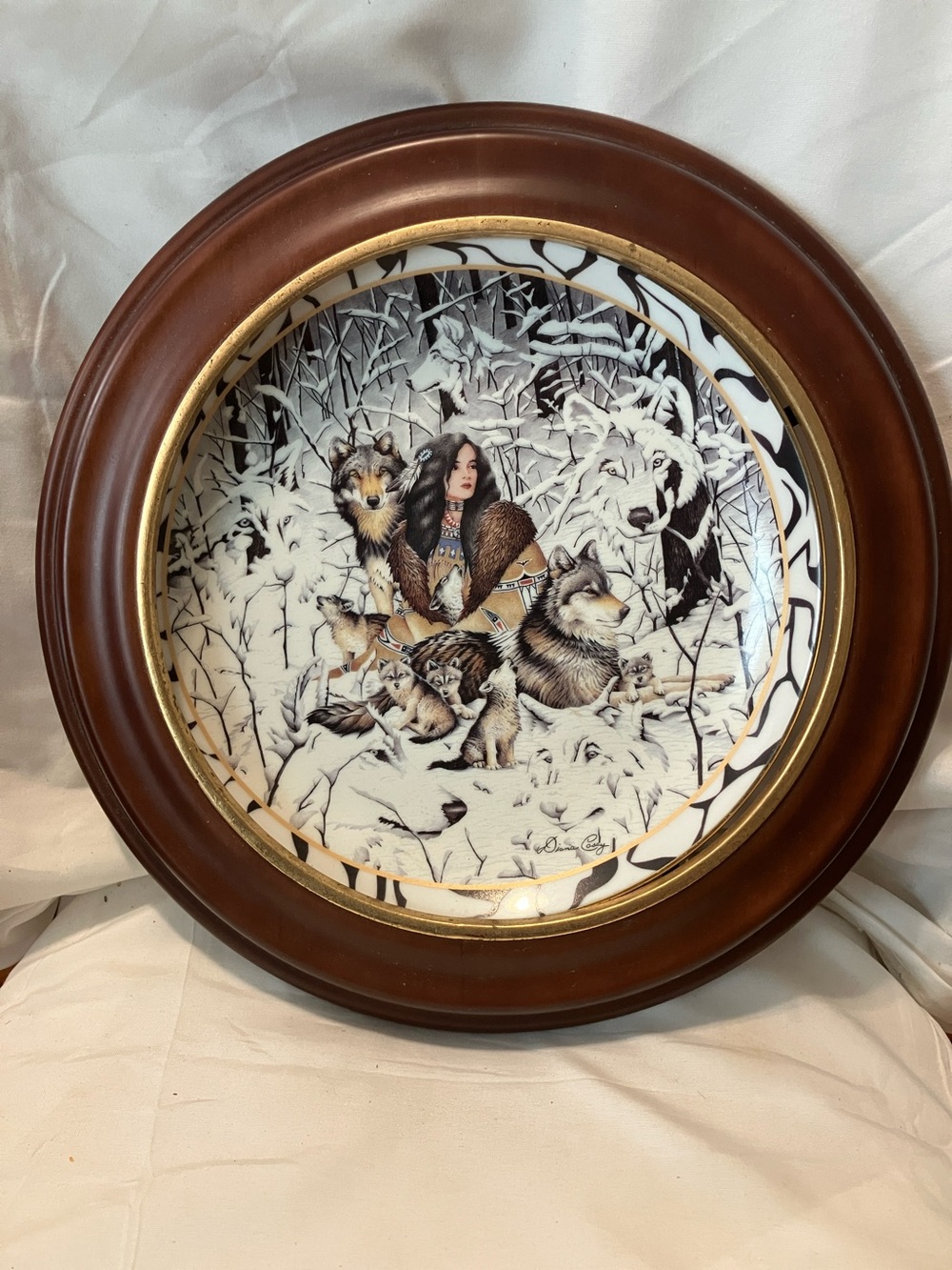 Beautiful porcelain plate , signed by artist , in wooden frame n ready to hang